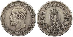 World Coins - NORWAY Oscar II 1885 2 Kroner Near EF