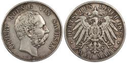 World Coins - GERMAN STATES Saxony (Sachsen) Albert 1895-E 2 Mark VF