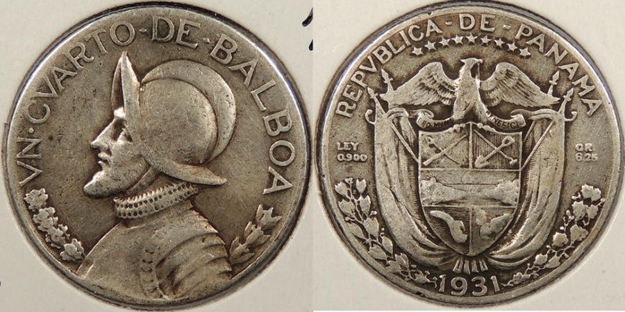 World Coins - PANAMA: 1931 Key date. 1/4 Balboa