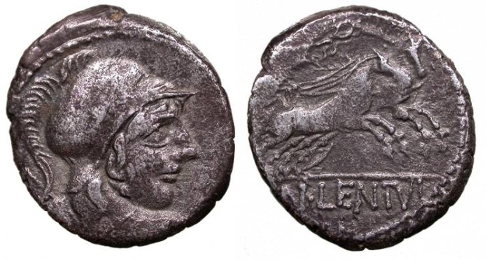 Ancient Coins - Cn. Lentulus Clodianus 88 B.C. Denarius Rome Mint VF