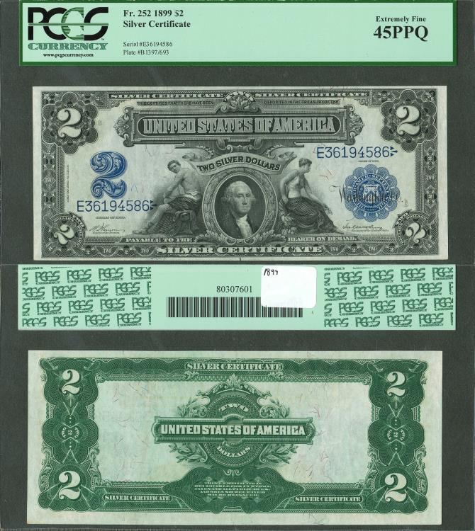 1899 2 Dollars PCGS45 PPQ US Paper Money