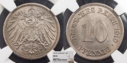 World Coins - GERMANY Wilhelm II 1910-G 10 Pfennig NGC MS-64