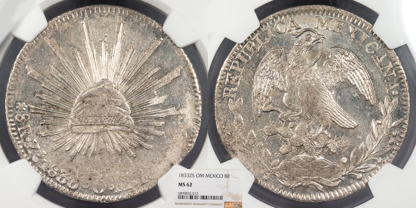 MEXICO Republic 1833-Zs OM 8 Reales NGC MS-62 | North & Central