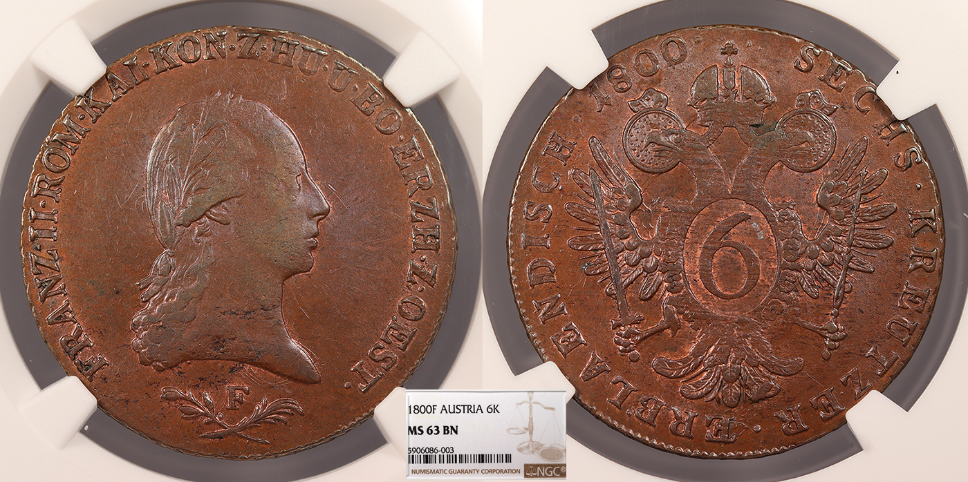 AUSTRIA Franz II 1800-F 6 Kreuzer NGC MS-63 BN | European Coins