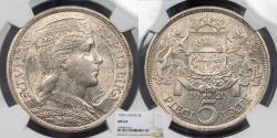 World Coins - LATVIA 1929 5 Lati NGC MS-64