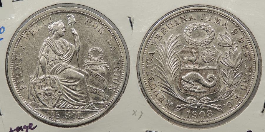 PERU: 1908/7-LIMA JR Overdate. 1/2 Sol | South American Coins