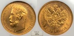 World Coins - RUSSIA Nicholas II 1904 5 Roubles NGC MS-64