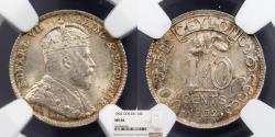 World Coins - CEYLON Edward VII 1902 10 Cents NGC MS-66