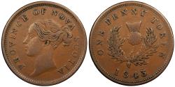 World Coins - CANADA Nova Scotia Victoria 1843/0 Penny Token VF