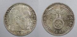World Coins - GERMANY: Third Reich 1939-A Hindenburg 5 Reichsmark