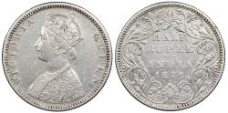 World Coins - INDIA British Colonial Victoria 1874 (dot/bead) Half Rupee (1/2 Rupee) EF