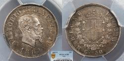 World Coins - ITALY Vittorio Emanuele II 1862-N 50 Centesimi PCGS AU-58