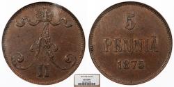 World Coins - FINLAND Russian rule Alexander II 1875 5 Pennia (Penniä) NGC AU-55 BN