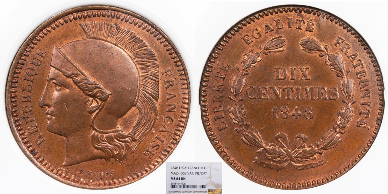 1840 Essai France Décime ブロンズ MS 64 BN FRANCE 2nd Republic 1848 Essai 10 Centimes Piefort NGC MS-64 BN