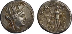 Ancient Coins - Phoenicia, Arados AR tetradrachm 64-63 BC Tyche facing right wearing mural crown/winged Nike standing left