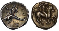 Ancient Coins - Calabria, Tarentum AR nomos c. 290 - 280 BC Phalanthus riding dolphin left/Horseman advancing right with spears and shield