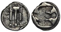 Ancient Coins - Bruttium, Kroton AR nomos c. 440 BC tripod/incuse eagle, struck over a Corinthian stater