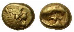 Ancient Coins - Kingdom of Lydia, Alyattes (Walwet), EL trite c. 600-560 BC, lion facing right/incuse punch