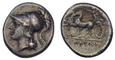 Ancient Coins - Campania, Cales AR didrachm (nomos) c. 265-240 BC Athena left in Corinthian helmet/Nike drives fast biga left, pedigree to 1922