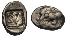 Ancient Coins - Lycia (?), uncertain dynast AR diobol c. 500 BC Forepart of lion left/winged boar walking left, UNIQUE?