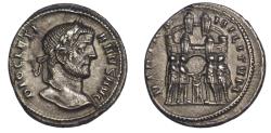 Ancient Coins - Roman Empire AR argenteus AD 294 Diocletian, Ticinium (Pavia) mint, tetrarchs sacrificing in front of camp gate