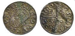 World Coins - England AR penny c. AD 1016-23 Cnut, quatrefoil type, Lincoln, Osgut moneyer, ex-L.E. Bruun, Brahesminde