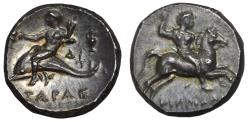 Ancient Coins - Calabria, Tarentum AR nomos c. 273-236 BC Phalanthus riding dolphin left/warrior on horseback right