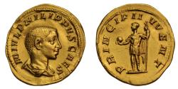 Ancient Coins - Philip II, AV aureus c. AD 247-9, Principi Ivvent, Philip standing left with globe and spear, ex-Theodor Prowe, Egger 1904