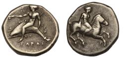 Ancient Coins - Calabria, Tarentum AR nomos c. 385 BC Phalanthus riding dolphin/youth on horseback