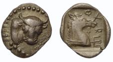 Ancient Coins - Thessaly, Pharkadon AR obol c. 460 BC Bull's head and neck, facing/Horse's head