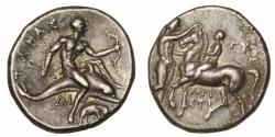 Ancient Coins - Calabria, Tarentum AR nomos c. 280 272 BC Phalanthus riding dolphin right/attendant crowning horse with laurel wreath