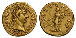 Ancient Coins - Roman Empire AV aureus AD 100 Trajan, Fortuna standing left with rudder and cornucopia