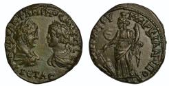 Ancient Coins - Moesia, Marcianopolis AE pentassarion c. AD 210-211 Caracalla and Geta, Flavius Ulpianus magistrate, Tyche
