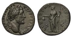 Ancient Coins - Roman Empire AE sestertius AD 154-5 Antoninus Pius, Libertas standing left holding pileus (liberty cap) and sceptre
