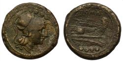 Ancient Coins - Roman Republic AE triens c. 211 BC southeastern Italy, Minerva/prow