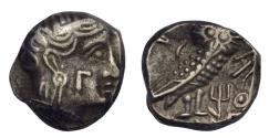 Ancient Coins - South Arabia, Qataban AR hemidrachm c. 350-320 BC Athena right/Owl, Qataban monogram
