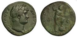 Ancient Coins - Roman Empire, Hadrian, AE sestertius c. AD 125-7 Neptune standing left with trident and acrostolium, one foot on prow