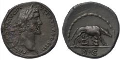 Ancient Coins - Antoninus Pius, AE sestertius c. AD 141-3 Romulus and Remus suckled by wolf, ex-Walter Niggeler