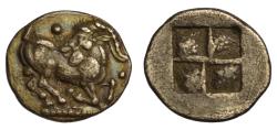Ancient Coins - Thraco-Macedonian tribes, Mygdones or Krestones AR diobol c. 490-470 BC Goat right, turning head back, two pellets/quadripartite incuse square