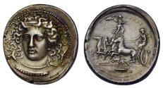 Ancient Coins - Sicily, Syracuse electrotype tetradrachm c. 413-399 BC (1967-1990) electrotype of a coin in the Staatliche Münzsammlung München, by K-P. Brozatus