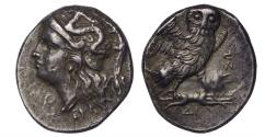 Ancient Coins - Calabria, Tarentum AR drachm c. 280-272 BC Athena facing left, helmet with Scylla/Owl standing on thunderbolt right