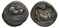 Ancient Coins - Lucania, Sybaris AR drachm 550 - 510 BC Bull left, turning head to face right/incuse of the same, retrograde