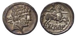 Ancient Coins - Iberia, Bolscan (Osca) AR denarius c. 150-100 BC Bearded head right/Horseman right with spear