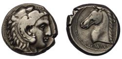 Ancient Coins - Sicily, Entella AR tetradrachm circa 300 BC Carthaginian (Punic) issues, head of Hercules right/Horse's head left