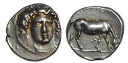 Ancient Coins - Thessaly, Larissa AR drachm c. 405-380 BC Nymph facing/Horse right, preparing to lie down