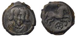 Ancient Coins - Gaul, Lexovii AE c. 100-50 BC facing bust of horned Kerunnos wearing torque/face of Kerunnos, horse, wheel