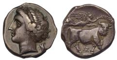 Ancient Coins - Campania, Neapolis AR nomos 275-250 BC Nymph facing left/man-headed bull