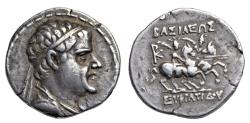 Ancient Coins - Bactria, Eukratides I, silver drachm c. 170-145 BC, Dioskouri riding right