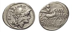Ancient Coins - Roman Republic denarius 101 BC L. Sentius, Roma facing right, ARG PVB/ Jupiter in fast quadriga right
