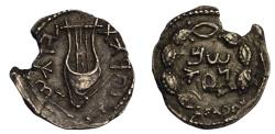 Ancient Coins - Judaea, Bar Kokhba revolt AR zuz c. AD 134-5 Lyre/inscription in wreath, overstruck on denarius of Hadrian, 1907 provenance aEF, chipped